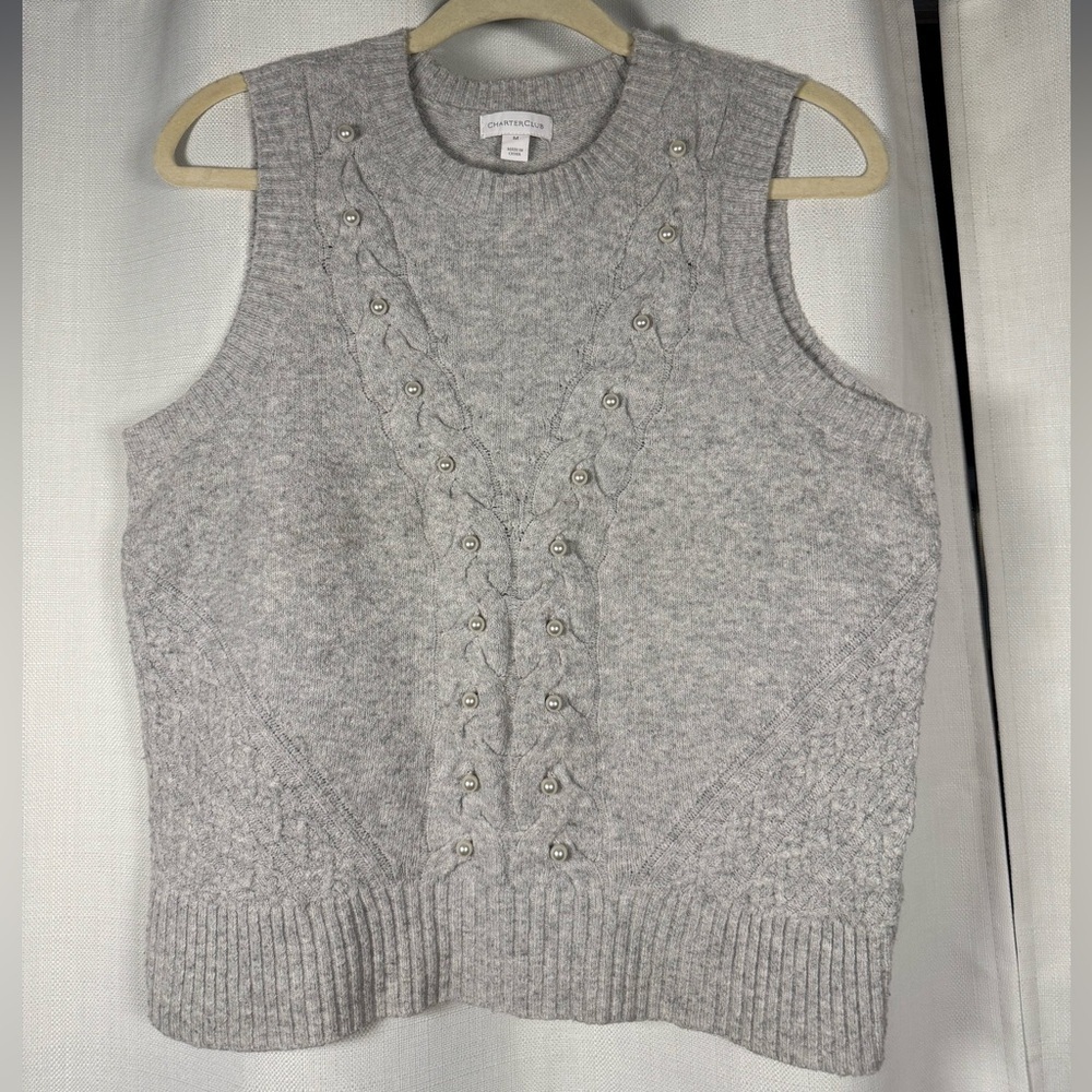Charter Club Grey Knit Pearl Sleeveless Sweater Vest Medium - Picture 7 of 7